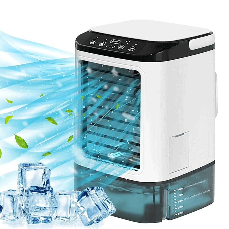 Desktop air cooler fan with ice cubes and cool mist airflow illustration