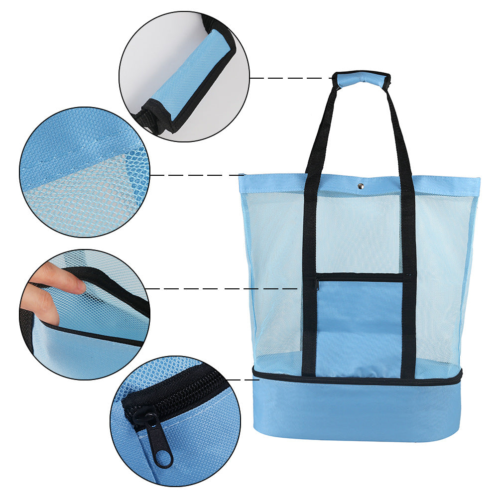 Detail view of mesh beach tote handle, fabric, pocket, and zipper close-ups