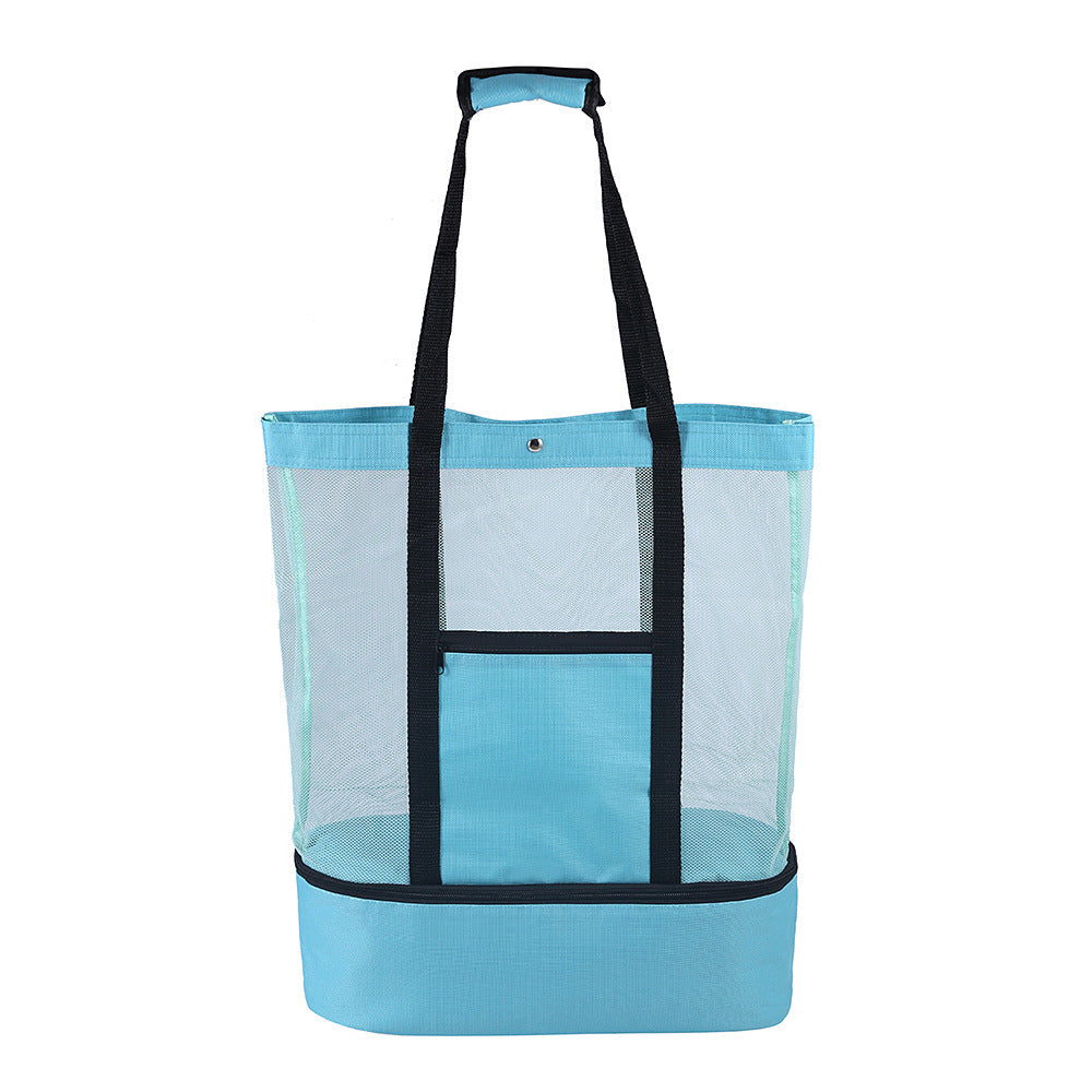 Blue mesh beach tote with insulated cooler compartment, empty product view