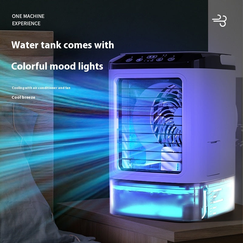 Desktop air cooler fan with colorful LED mood lighting on nightstand