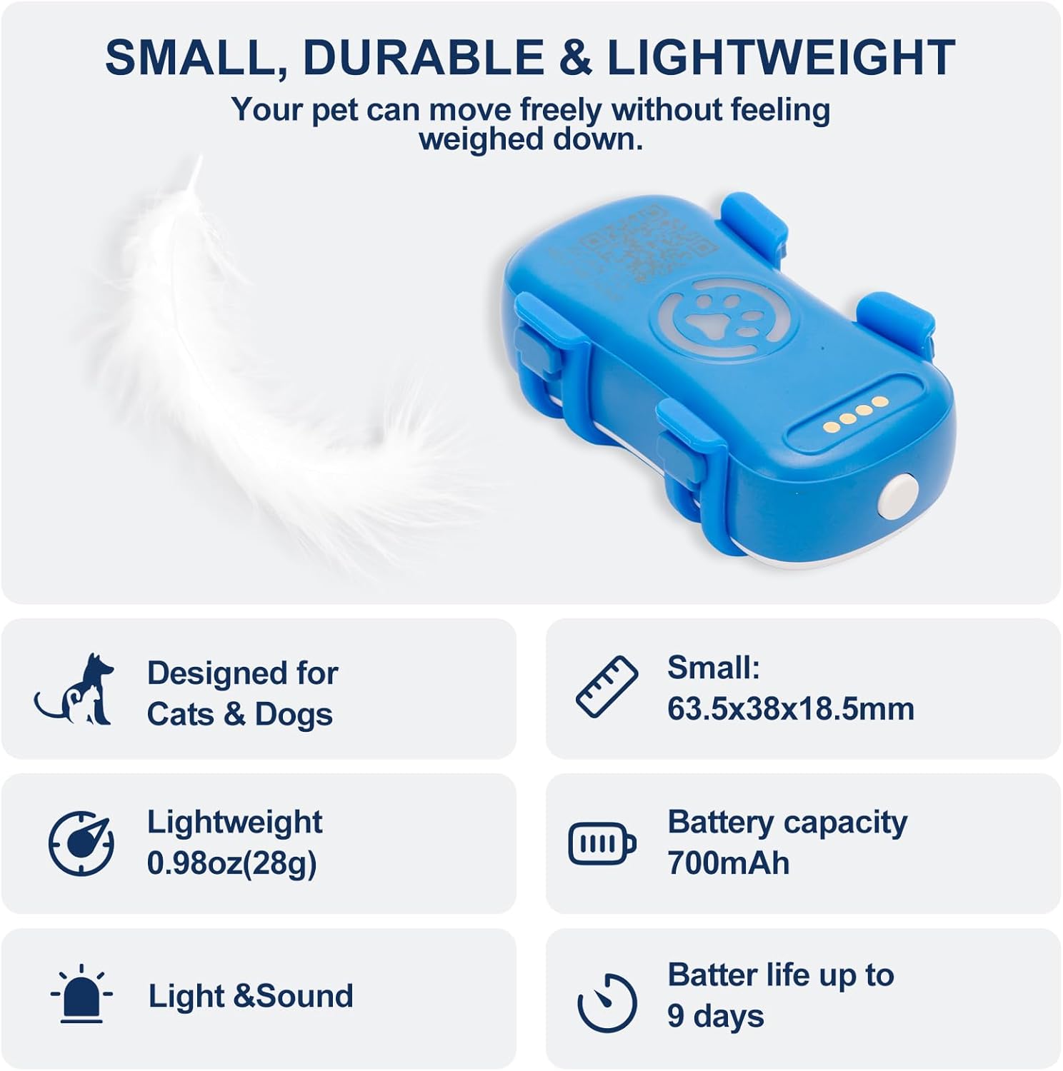 Small lightweight dog GPS tracker with dimensions, weight, and battery specs