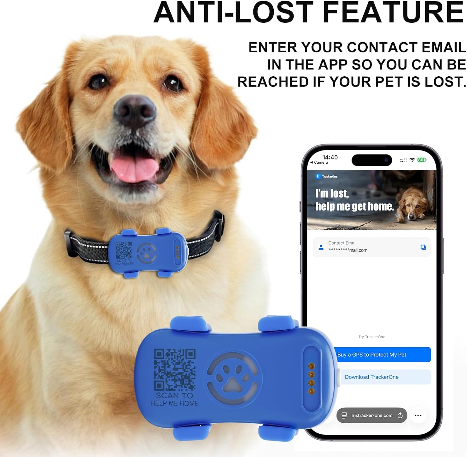 Dog GPS tracker anti-lost feature showing QR code scan and contact email in app