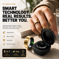 High-end lifestyle product advertisement of a R6 Smart Ring Health Tracker and charging case. The ring sits next to its open black charging case on a beige marble surface. Bold text on the left highlights key features: sleep monitor, heart rate, blood oxygen, activity tracking, and emphasizes no subscription required. Icons indicate IP68 waterproof rating, up to 7 days battery life, and ultra-light all-day comfort. Soft natural lighting creates subtle shadows and a premium, minimalist aesthetic.
