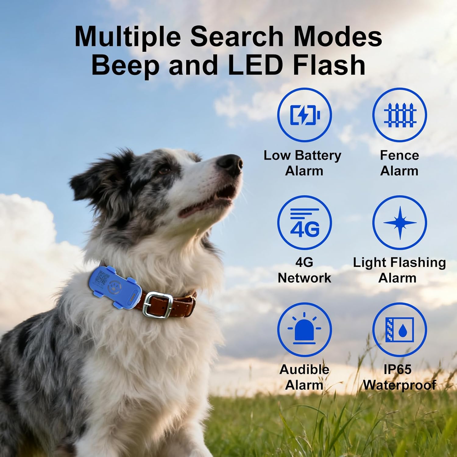 Dog GPS tracker collar with multiple search modes: beep, LED flash, and fence alarm