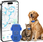 Dog GPS tracker app map view with tracker attached to golden retriever and cat collars