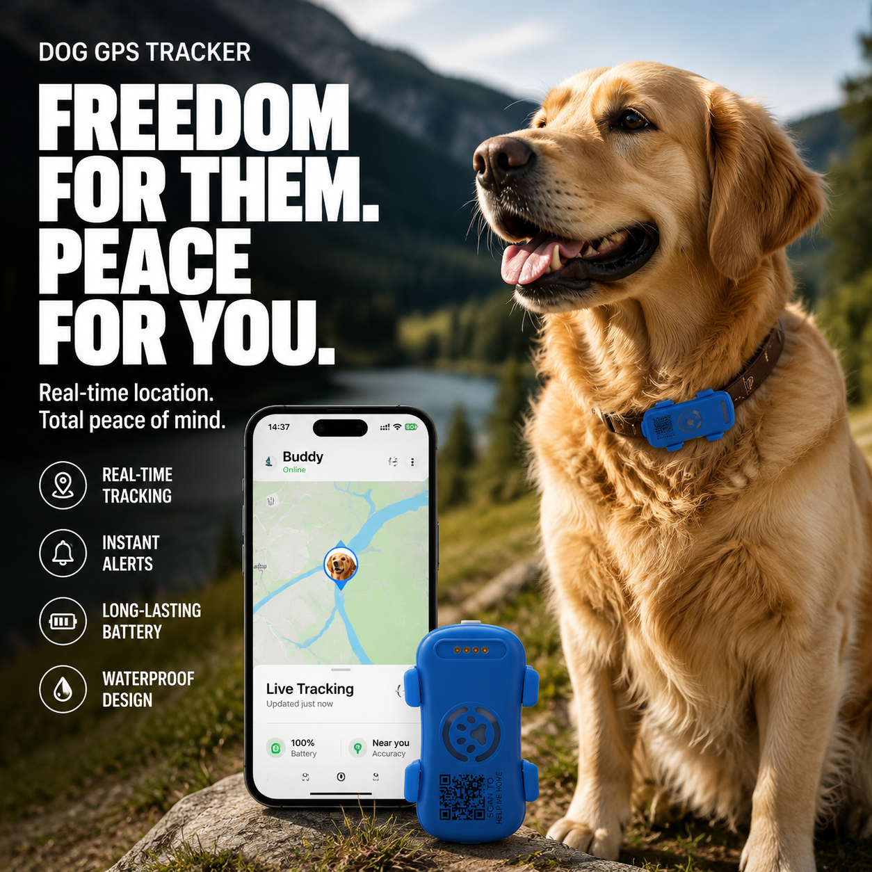 Smart Dog GPS Tracker with real-time location monitoring, waterproof pet tracking device, mobile app GPS map tracking, and safety technology for dogs and cats.