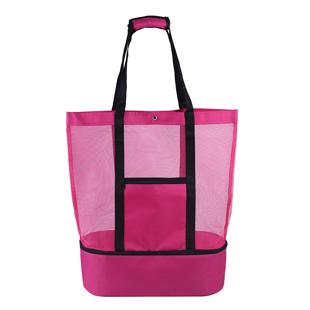 Pink mesh beach tote bag with zippered insulated cooler bottom
