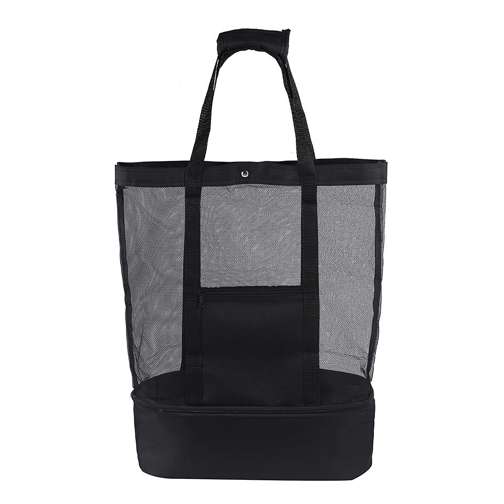 Black mesh beach tote with insulated cooler bottom, empty product view