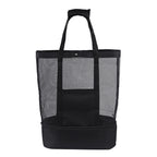 Black mesh beach tote with insulated cooler bottom, empty product view