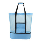 Light blue mesh beach tote with insulated cooler bottom, front view