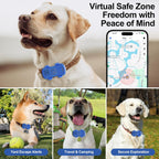 Dogs wearing GPS tracker collars with virtual safe zone geofence alerts in app