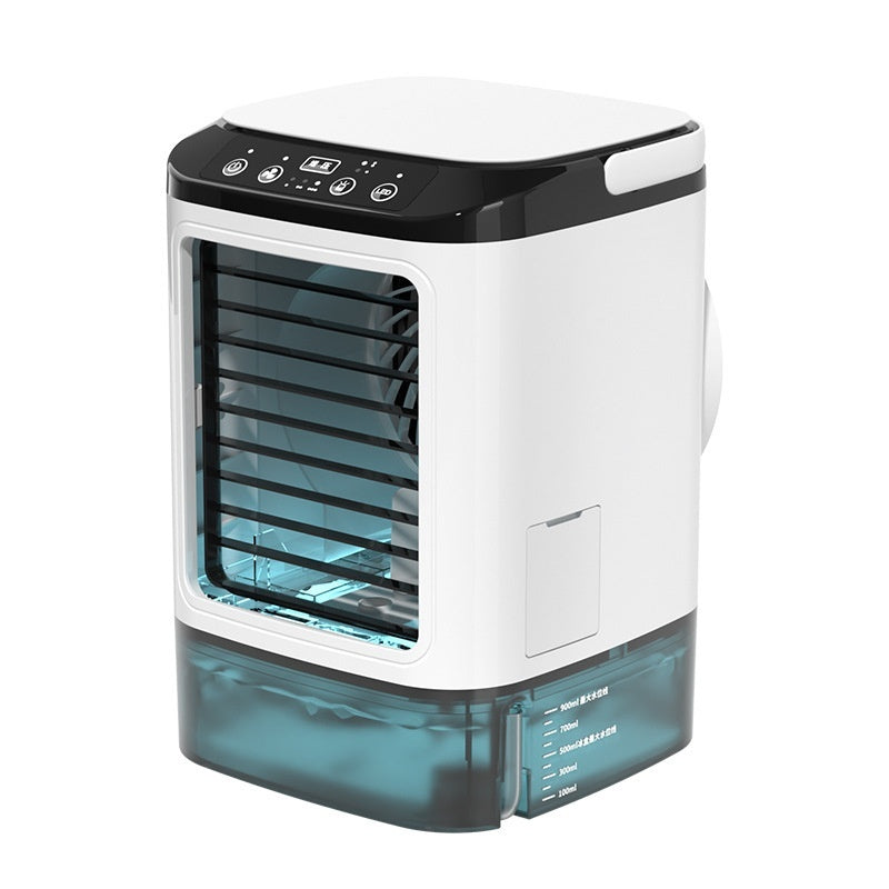 Desktop air cooler fan product view showing water tank and fan grille