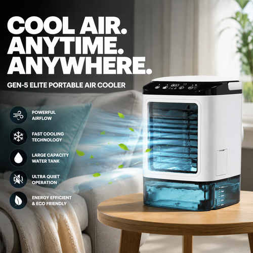 Gen-5 Elite portable air cooler with white and black design placed in a modern living room, featuring powerful airflow, water cooling technology, and a large transparent water tank for refreshing summer comfort.