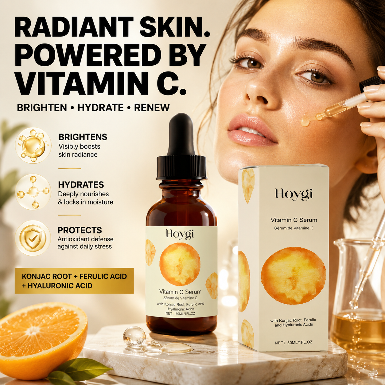 Hoygi Vitamin C Face Serum with Konjac Root, Ferulic Acid, and Hyaluronic Acid in a premium skincare lifestyle scene with a model applying serum for brighter, hydrated, glowing skin.