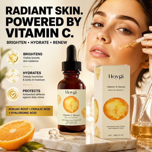Hoygi Vitamin C Face Serum with Konjac Root, Ferulic Acid, and Hyaluronic Acid in a premium skincare lifestyle scene with a model applying serum for brighter, hydrated, glowing skin.