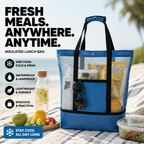 Blue insulated lunch bag with mesh design, adjustable handles, and spacious storage for keeping food and drinks fresh during picnics, travel, work, and outdoor activities.