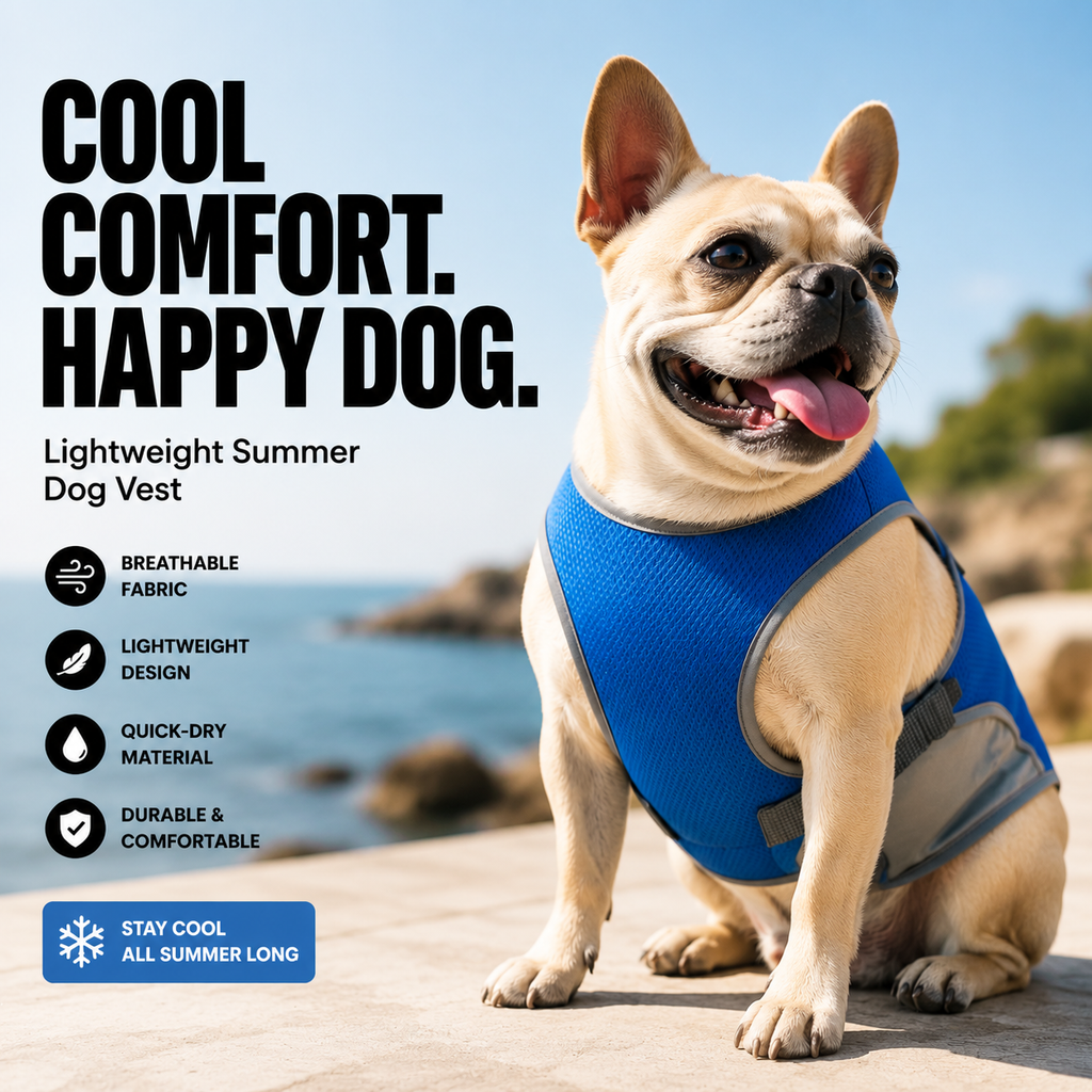 Lightweight summer dog vest in blue with breathable mesh fabric, worn by a happy dog outdoors near the seaside. The cooling pet vest features a comfortable adjustable fit, quick-dry material, and lightweight design for warm weather walks.