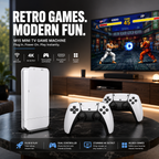 A white M15 mini TV game machine shown on a dark tabletop with two white wireless controllers in front, alongside a TV displaying a fighting game. Large marketing text reads 'RETRO GAMES.