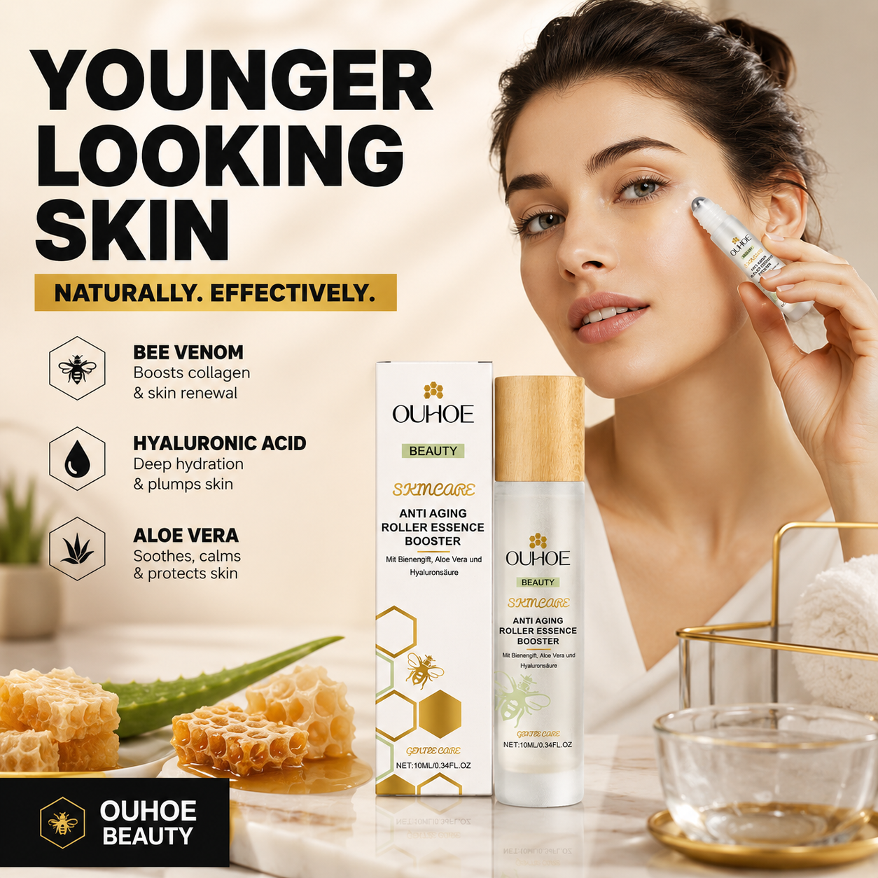 Luxury OUHOE Anti-Aging Roller Essence Booster with Bee Venom, Hyaluronic Acid, and Aloe Vera displayed on a premium marble surface with honeycomb and aloe vera. The skincare serum is featured in a high-end lifestyle setting with bold typography reading 'Age Less. Glow More.' promoting collagen support, deep hydration, and soothing skin care benefits.