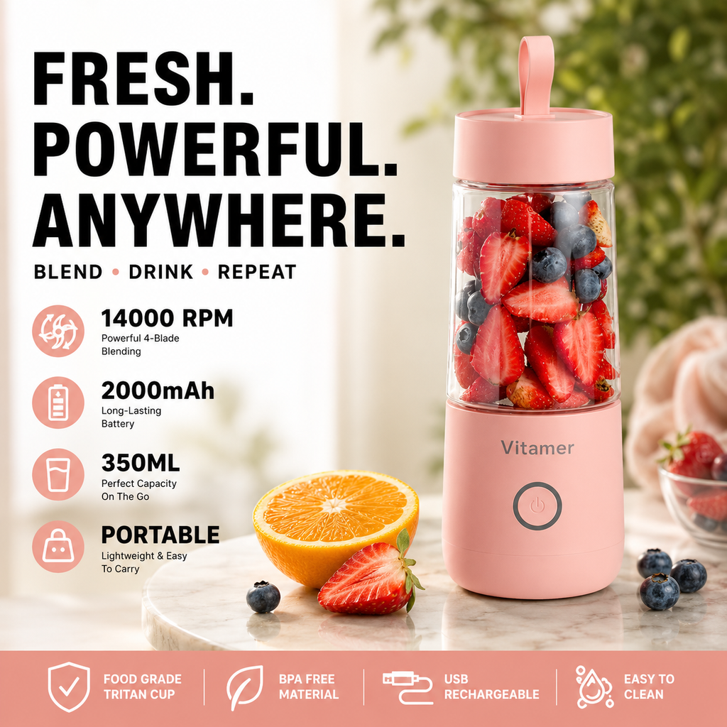 Portable USB Blender 350ml with Tritan cup, 14000 RPM motor, and 2000mAh rechargeable battery displayed in a premium lifestyle setting with fresh strawberries, blueberries, and oranges for healthy smoothies on the go.
