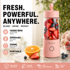 Portable USB Blender 350ml with Tritan cup, 14000 RPM motor, and 2000mAh rechargeable battery displayed in a premium lifestyle setting with fresh strawberries, blueberries, and oranges for healthy smoothies on the go.